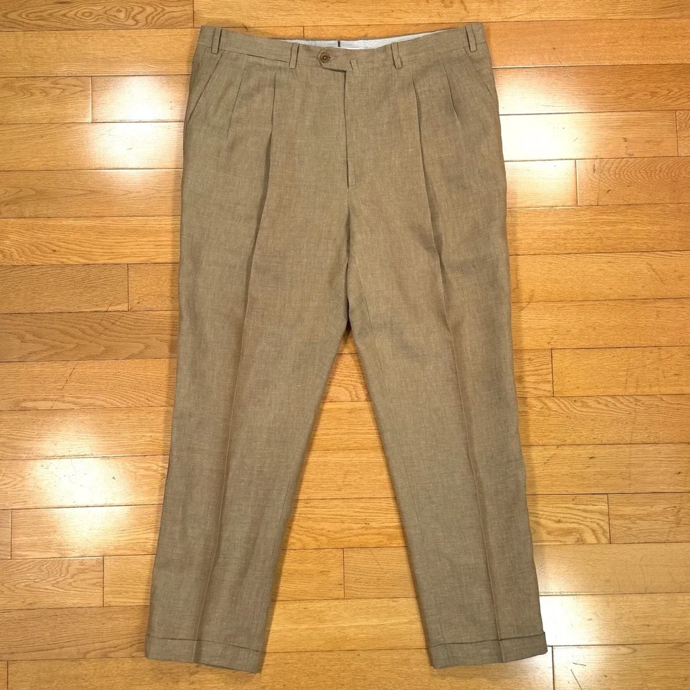 Ermenegildo Zegna Mens 40x30 Tan 100% Linen Pleated Cuffed Dress Pants Italy